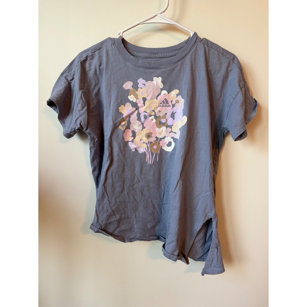 Adidas Girls Loose Fit Floral Graphic Tee Blue Gray Medium 10-12